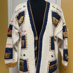 Vintage Longaberger Embroidered Basket Cardigan - Cream & Navy